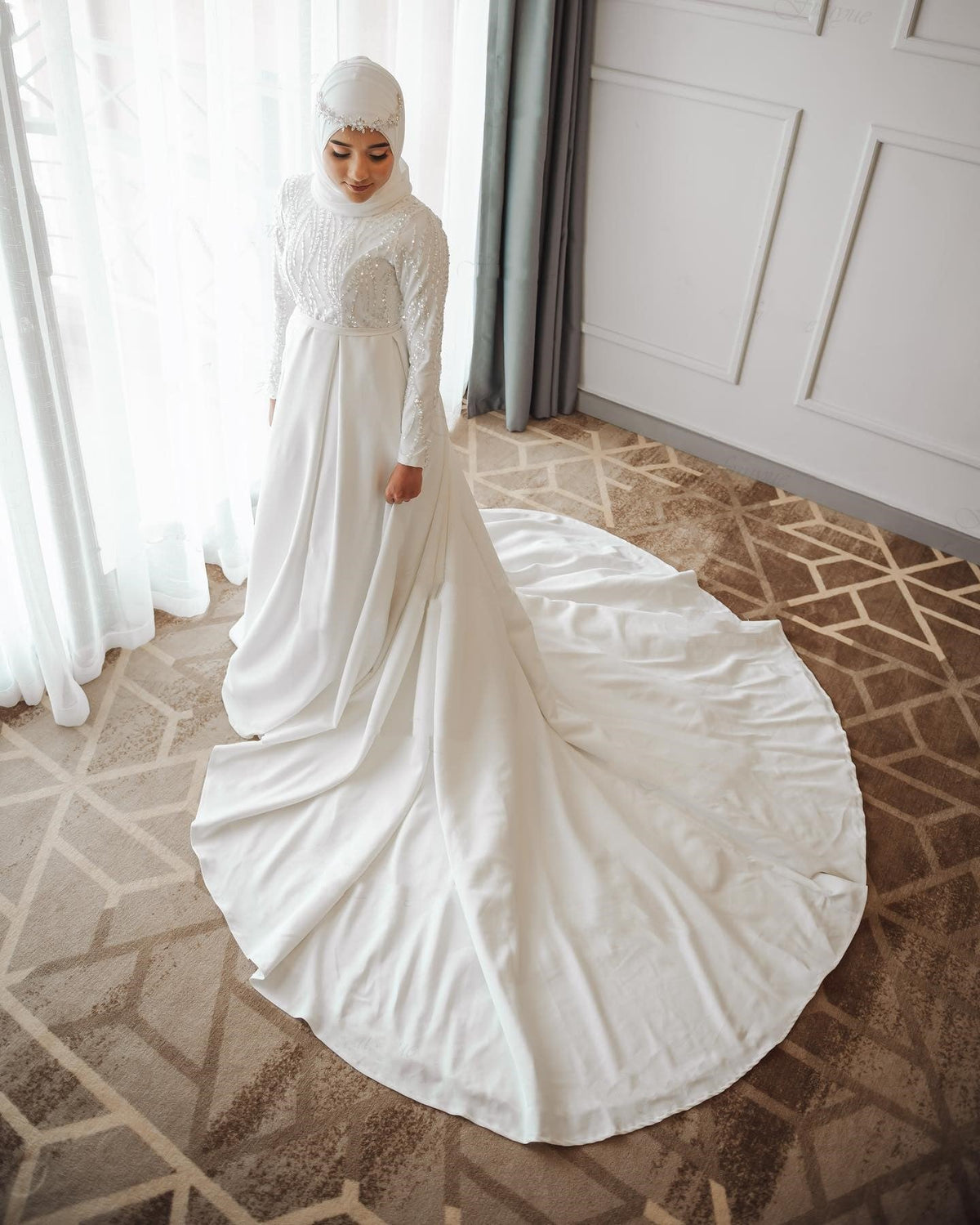 Elegant Muslim Wedding Dresses Long Sleeve A-Line Hajab Bridal Dress Vestido De Noiva Dubai Arabic Bridal Gowns