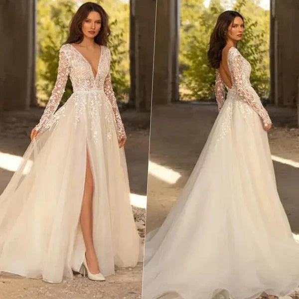 Sexy V-Neck A-Line Wedding Dress Lace Appliques Long Sleeves Open Back Bridal Gown For Women Custom Made Vestido De Novia