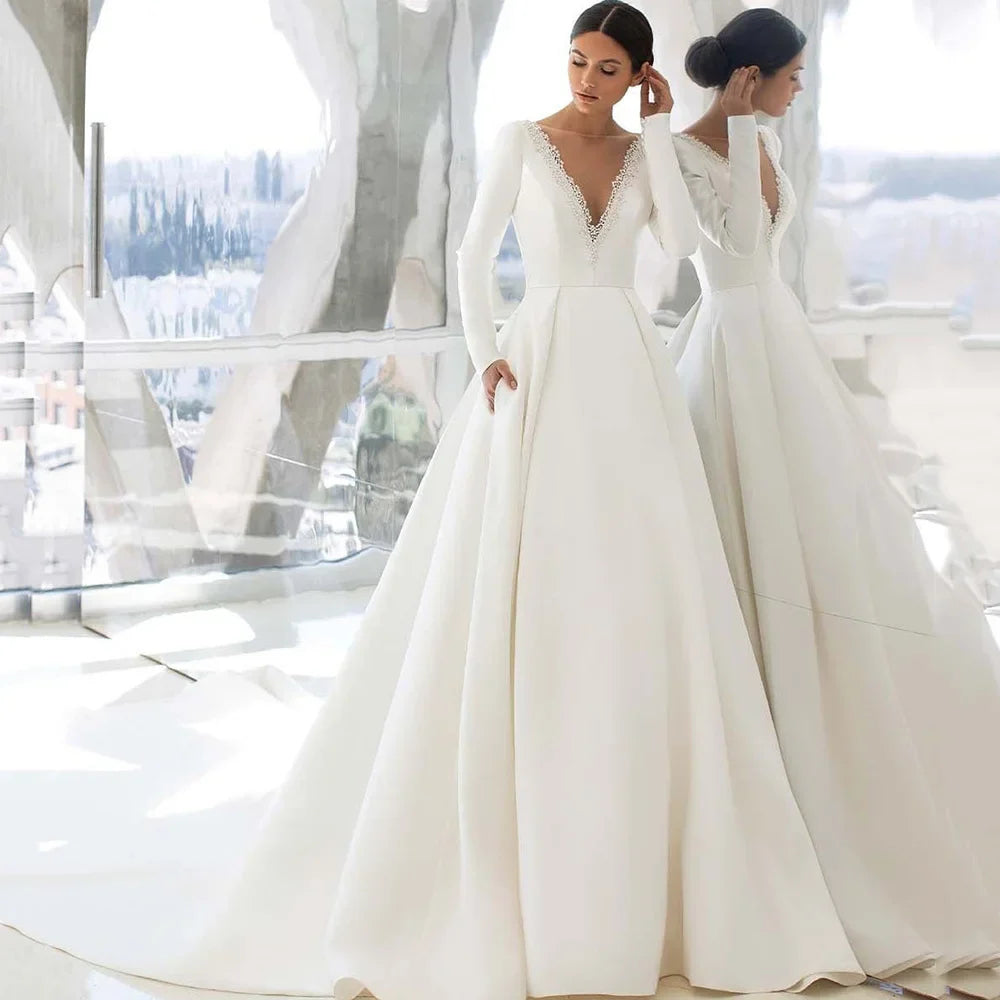 Elegant Satin Wedding Dresses Long Sleeve Princess Bride Dress Beads Pearls V Back Court Train Wedding Gowns Church Mariage