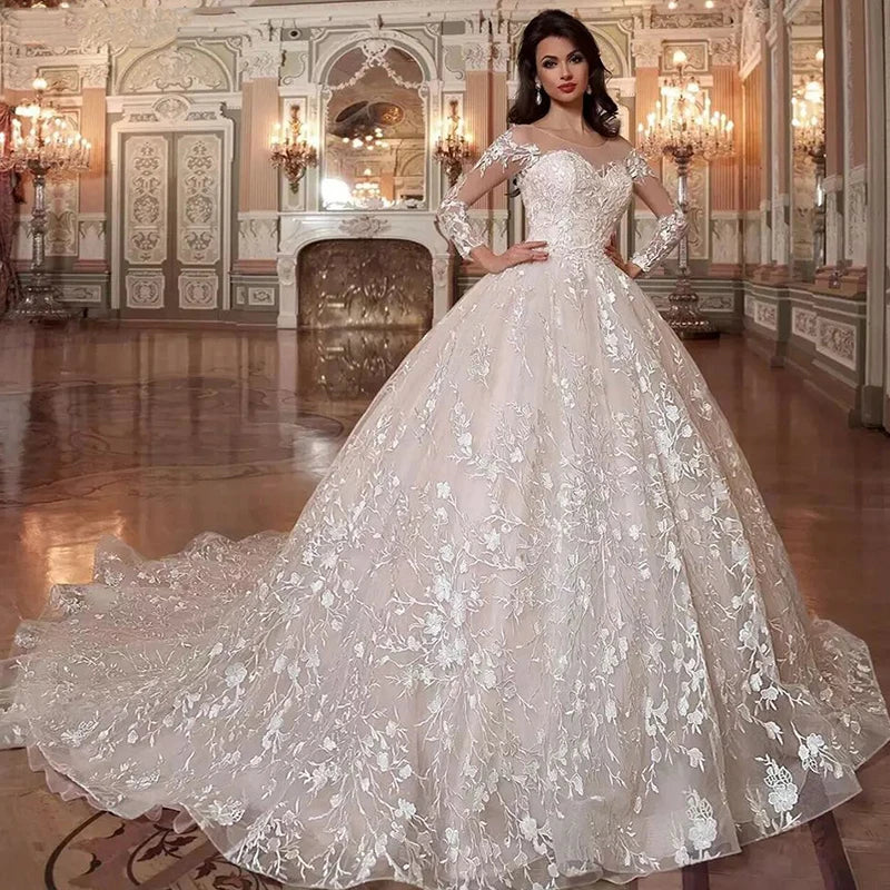 Luxury White Women's Wedding Dresses Robe Bridal Gowns Lace Applique Illusion Crystal Beads String Elegant High-End