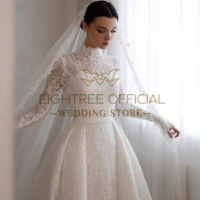 Elegant A-Line Wedding Dresses High Neck Long Sleeves Lace Bridal Dress Boho Beach Wedding Prom Ball Gowns Customized