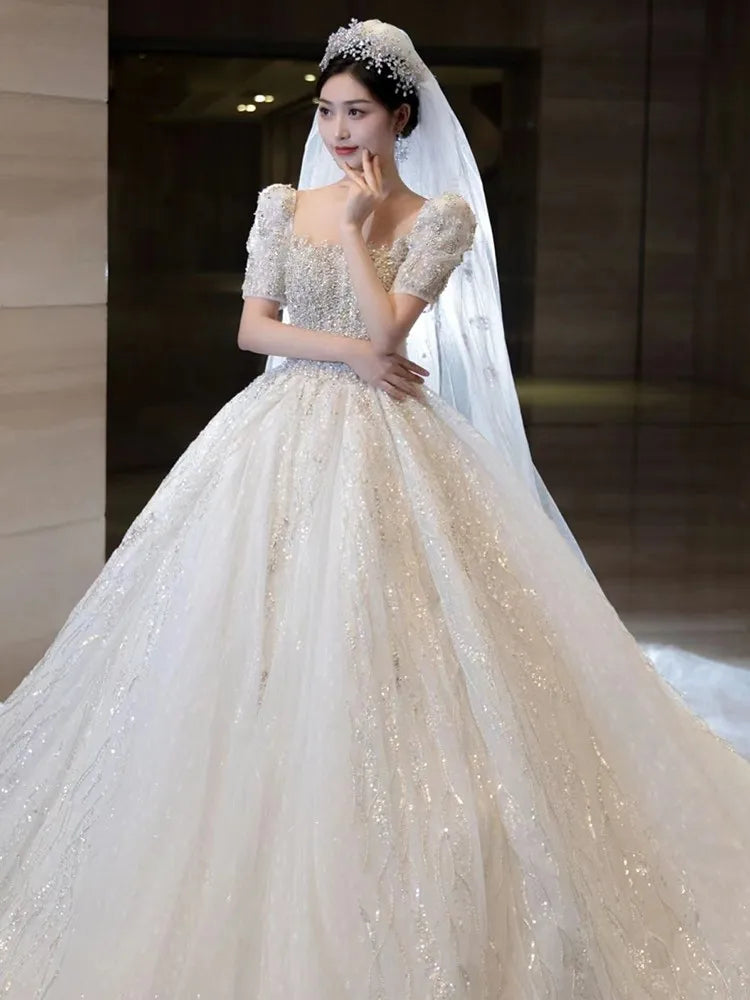 Short Sleeve Beading Wedding Dress New Luxury Big Train Bride Dresses Tuller Ball Gown Wedding Dresses Vestido De Noiva