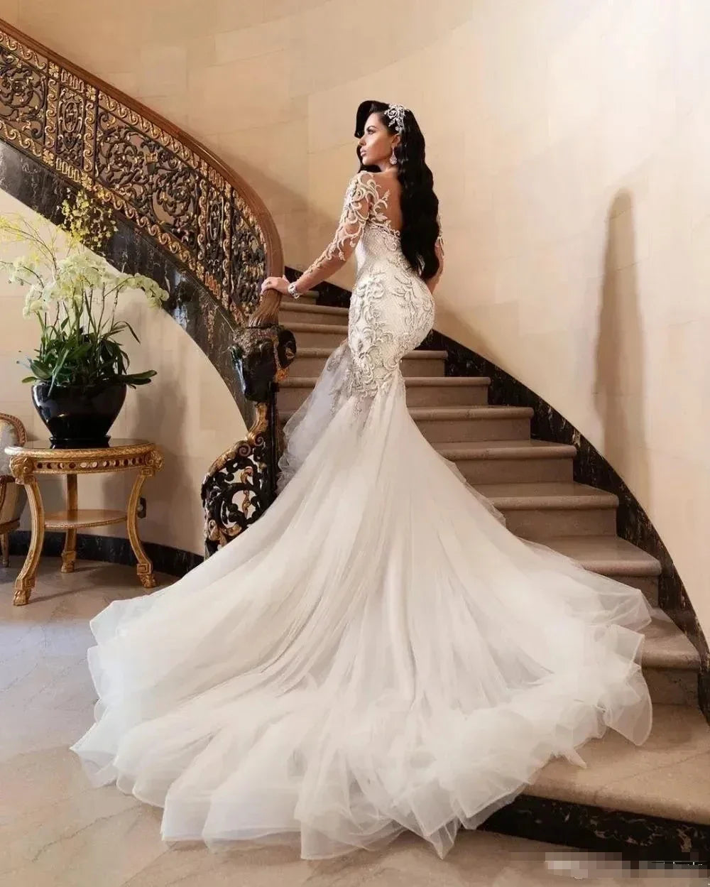 Luxury Arabic Mermaid Wedding Dresses Dubai Sparkly Crystals Long Sleeves Bridal Gowns Court Train Tulle Skirt свадебное платье