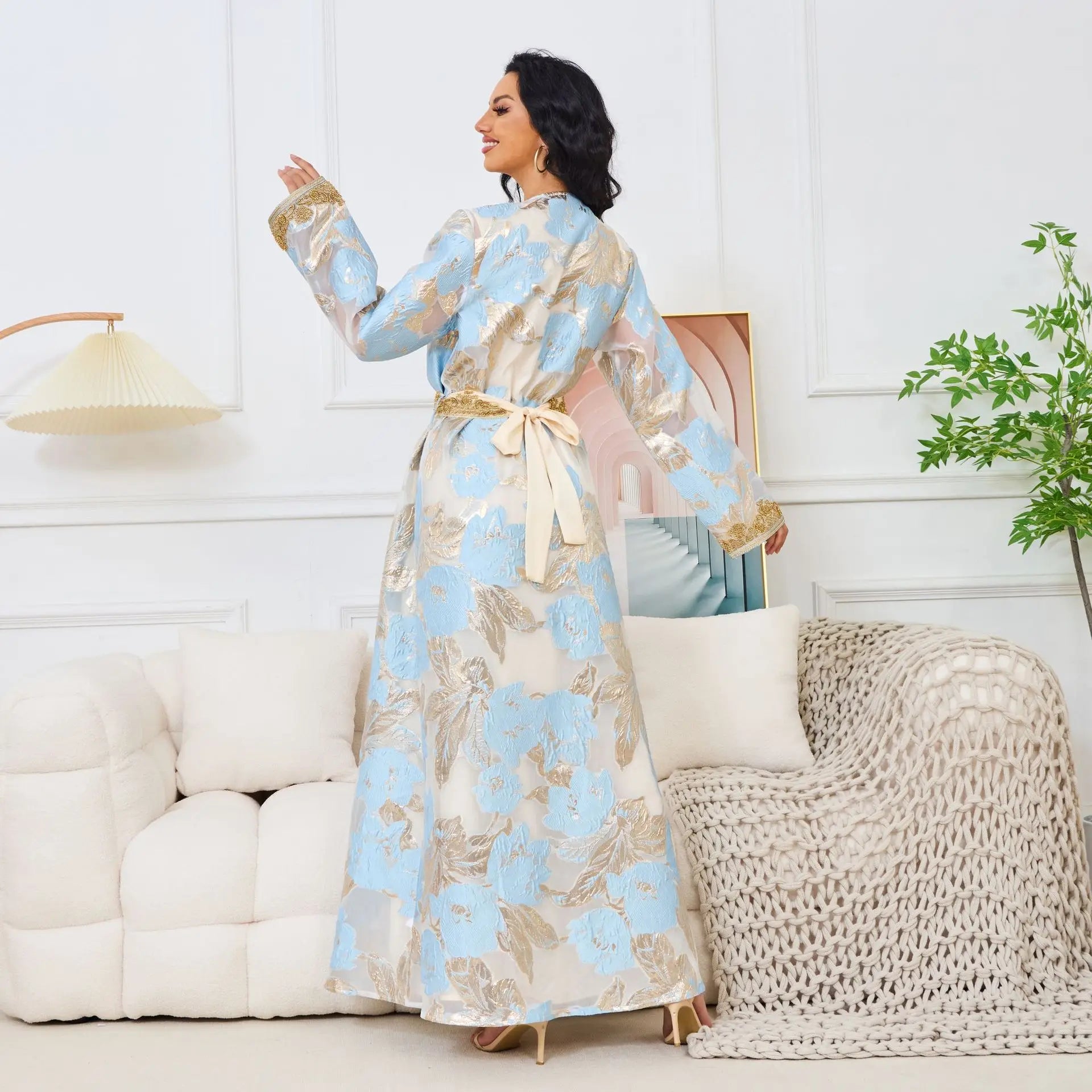 Moroccan Caftan 2 Pieces Set Muslim Dubai Abaya Kaftan For Wedding Women's 2023 New Flower Pattern Museum Long Dress Clothing