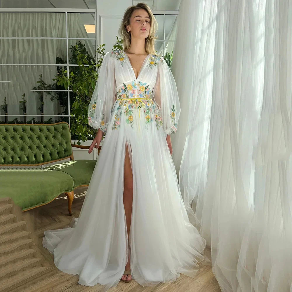 Fairy Boho Wedding Dresses Colorful Lace Embroidery Bride Dress Puff Long Sleeve Wedding Gowns V Neck Split Side Robe de mariee