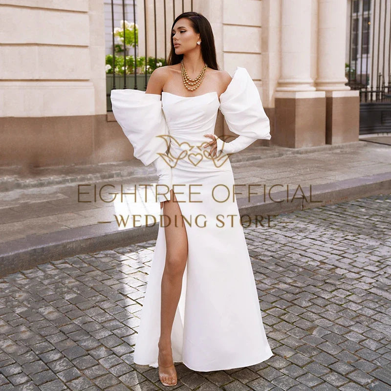 Eightree White Mermaid Wedding Dresses Strapless Long Sleeve Side Slit Bride Dress 2025 Boho Beach Wedding Prom Gown Custom Size