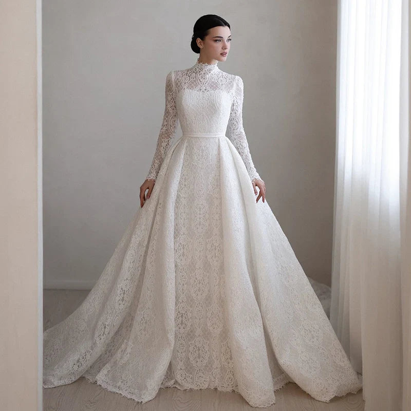 Elegant A-Line Wedding Dresses High Neck Long Sleeves Lace Bridal Dress Boho Beach Wedding Prom Ball Gowns Customized