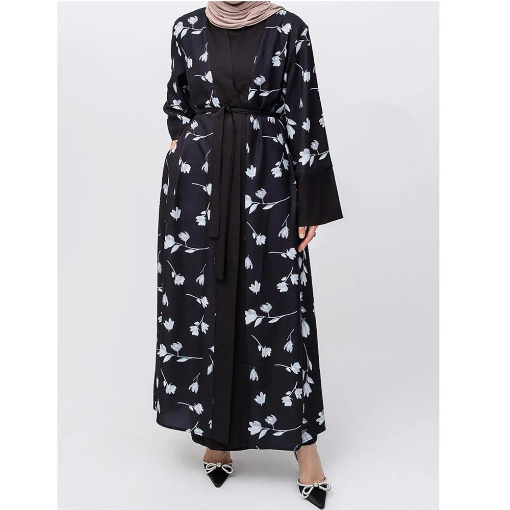 Floral Print Women Muslim Open Abaya Cardigan Maxi Dress Turkey Arabic Robe Eid Ramadan Kaftan Islamic Kimono Caftan Dubai Femme