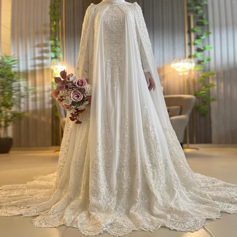 Chiffon Lace Muslim Wedding Dress with Cape Long Sleeve Hijab Islamic Bridal Gowns High Neck Arabic Vestidos De Fiesta