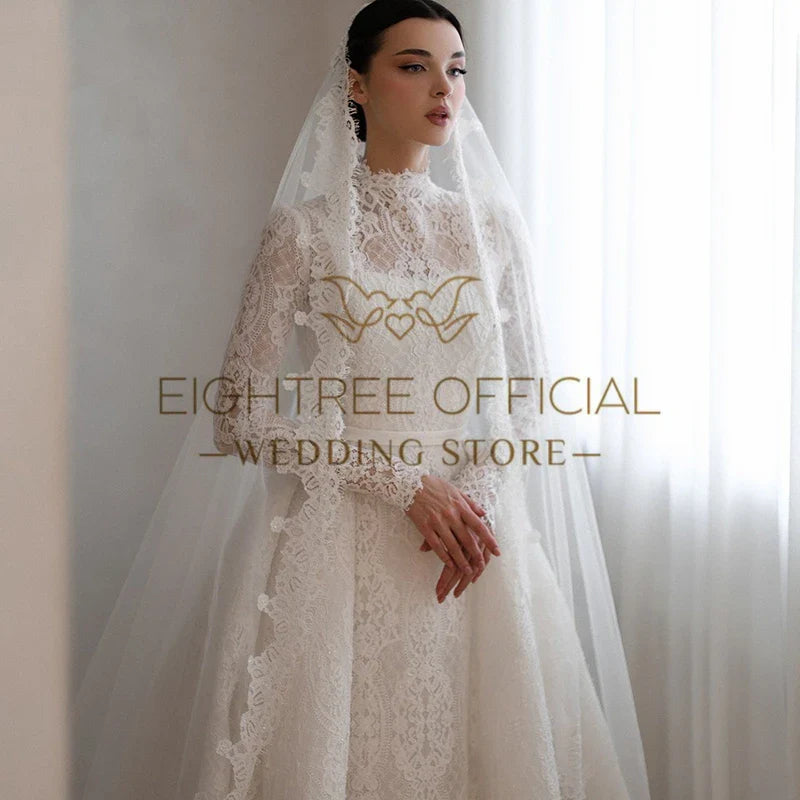 Elegant A-Line Wedding Dresses High Neck Long Sleeves Lace Bridal Dress Boho Beach Wedding Prom Ball Gowns Customized