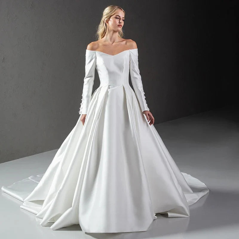 White A-Line Wedding Dresses Off The Shoulder Long Sleeves Bridal Dress Boho Beach Wedding Ball Prom Gowns Customized