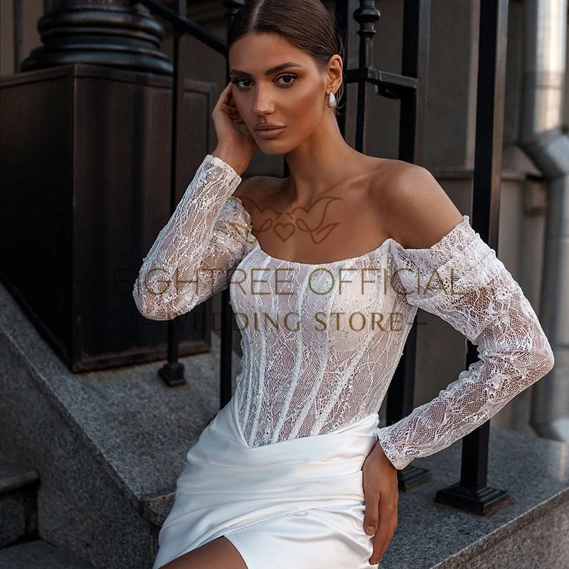 White Mermaid Wedding Dresses Off The Shoulder Long Sleeves Bridal Dress Boho Beach Wedding Prom Ball Gowns Customized