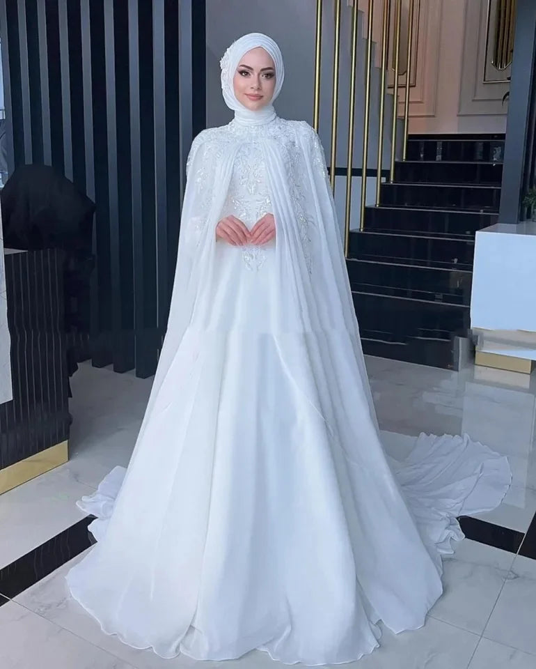 Elegant Muslim Wedding Dresses with Cape High Neck Long Sleeves Sweep Train Chiffon Appliques Beading Hijab Bride Bridal Gowns