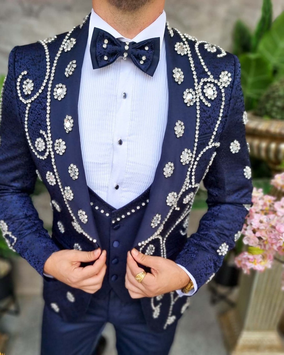 Luxury Beaded Wedding Suits For Men Jacquard Prom Blazers Outfits 2 Pieces Sets Groom Tuxedos Slim trajes elegante para hombres