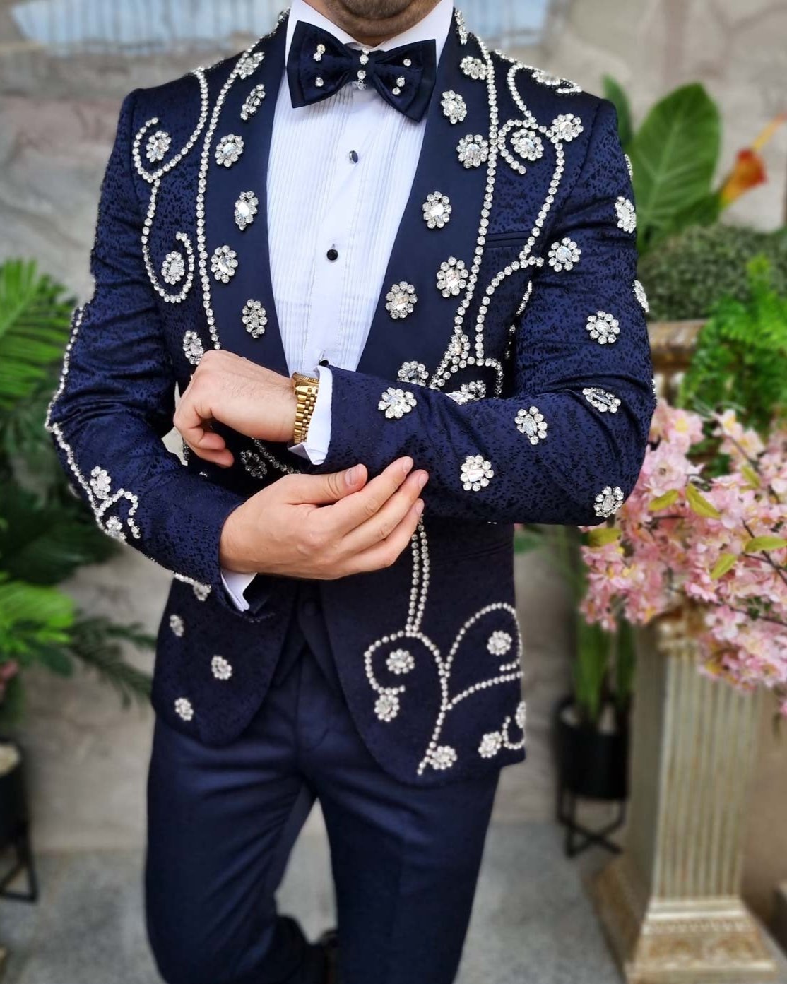 Luxury Beaded Wedding Suits For Men Jacquard Prom Blazers Outfits 2 Pieces Sets Groom Tuxedos Slim trajes elegante para hombres