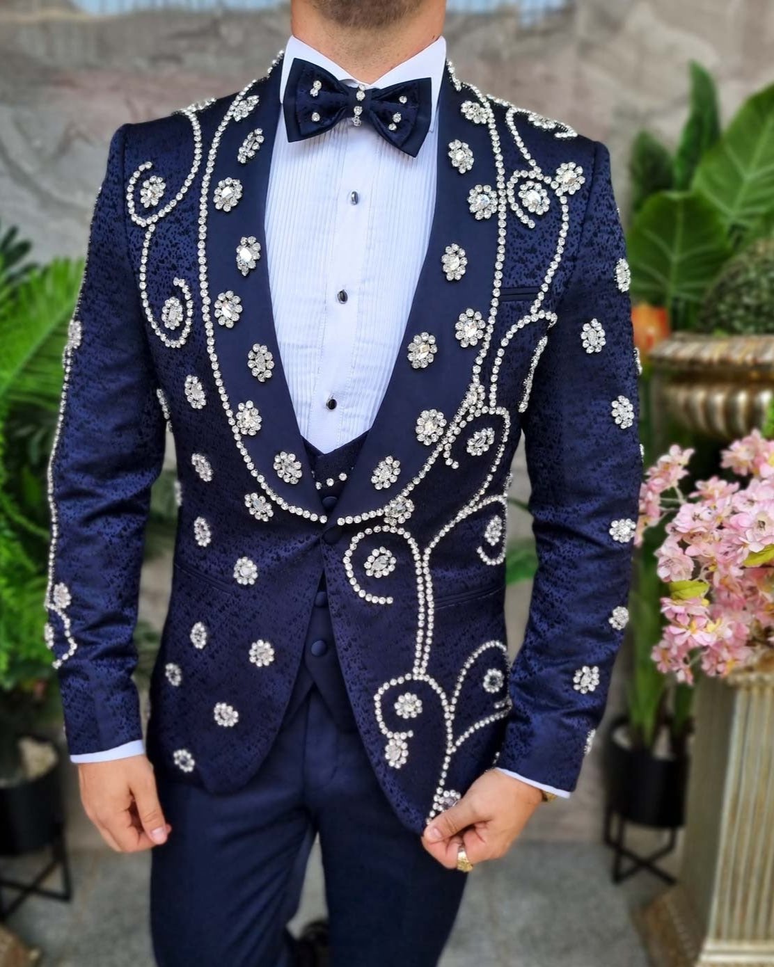 Luxury Beaded Wedding Suits For Men Jacquard Prom Blazers Outfits 2 Pieces Sets Groom Tuxedos Slim trajes elegante para hombres