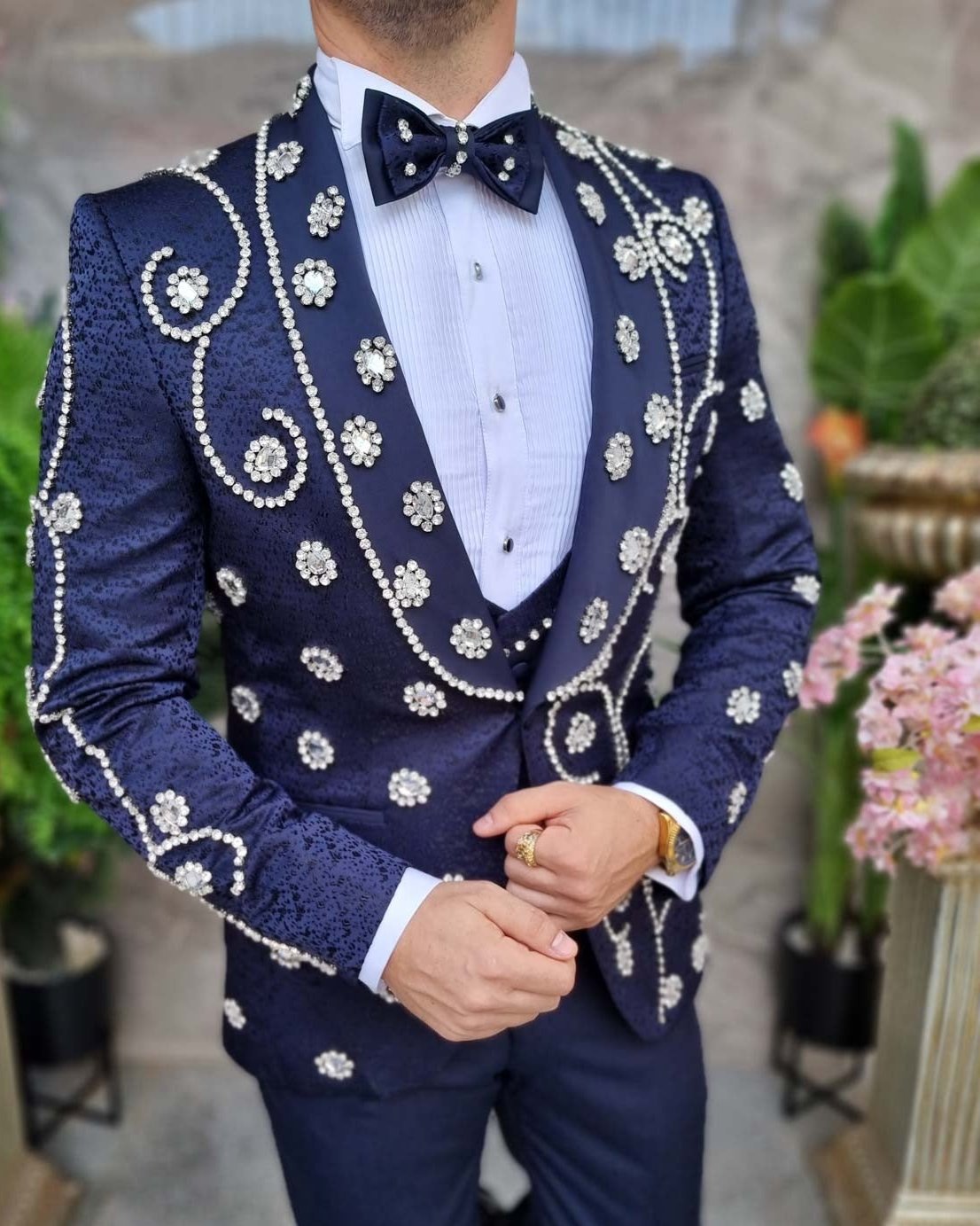 Luxury Beaded Wedding Suits For Men Jacquard Prom Blazers Outfits 2 Pieces Sets Groom Tuxedos Slim trajes elegante para hombres