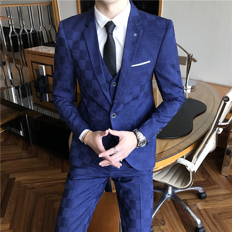 ( Jacket+Vest+Pants ) Boutique Fashion Plaid Men's Casual Business Office Suit Three Piece Set Groom's Wedding Dress Slim Suits