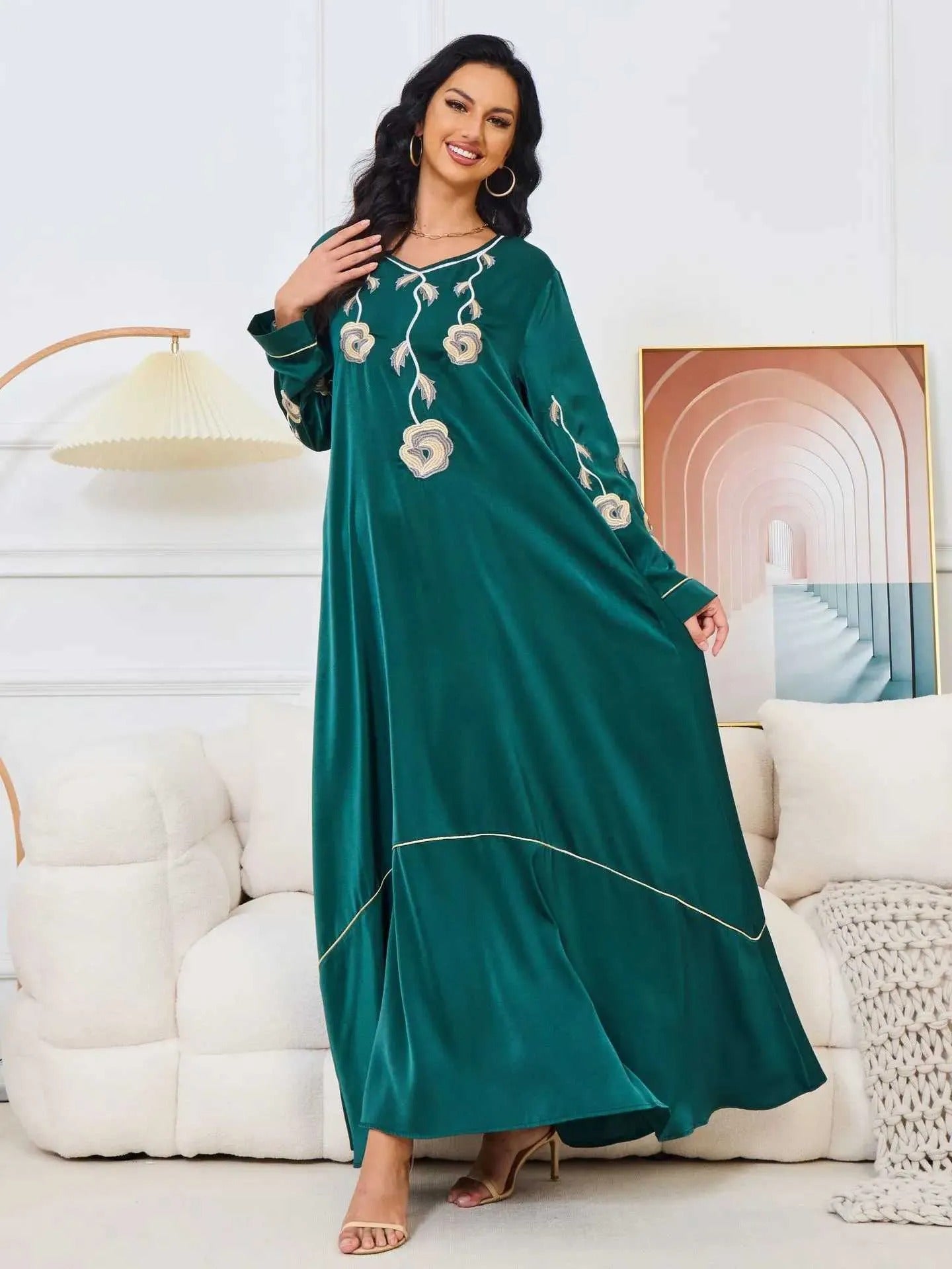 Fashion Chic Moroccan Kaftan For Women Solid Embroidery Full Sleeve O-Neck Casual Loose African Long Dresses