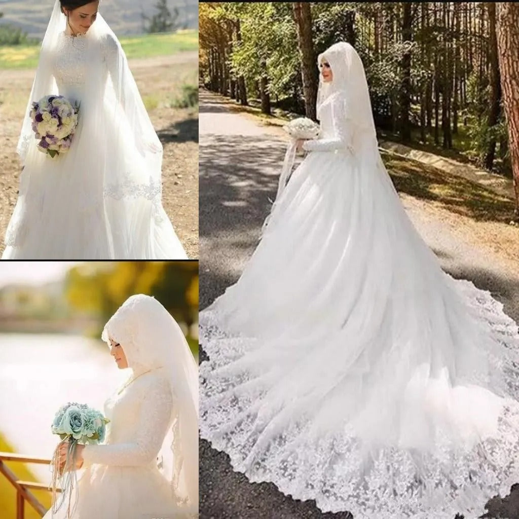 Vinca sunny Muslim Wedding Dresses Long Sleeve De Noiva Robe De Mariage Arabic Luxury Long Trail Lace Bridal Dress Wedding Gown