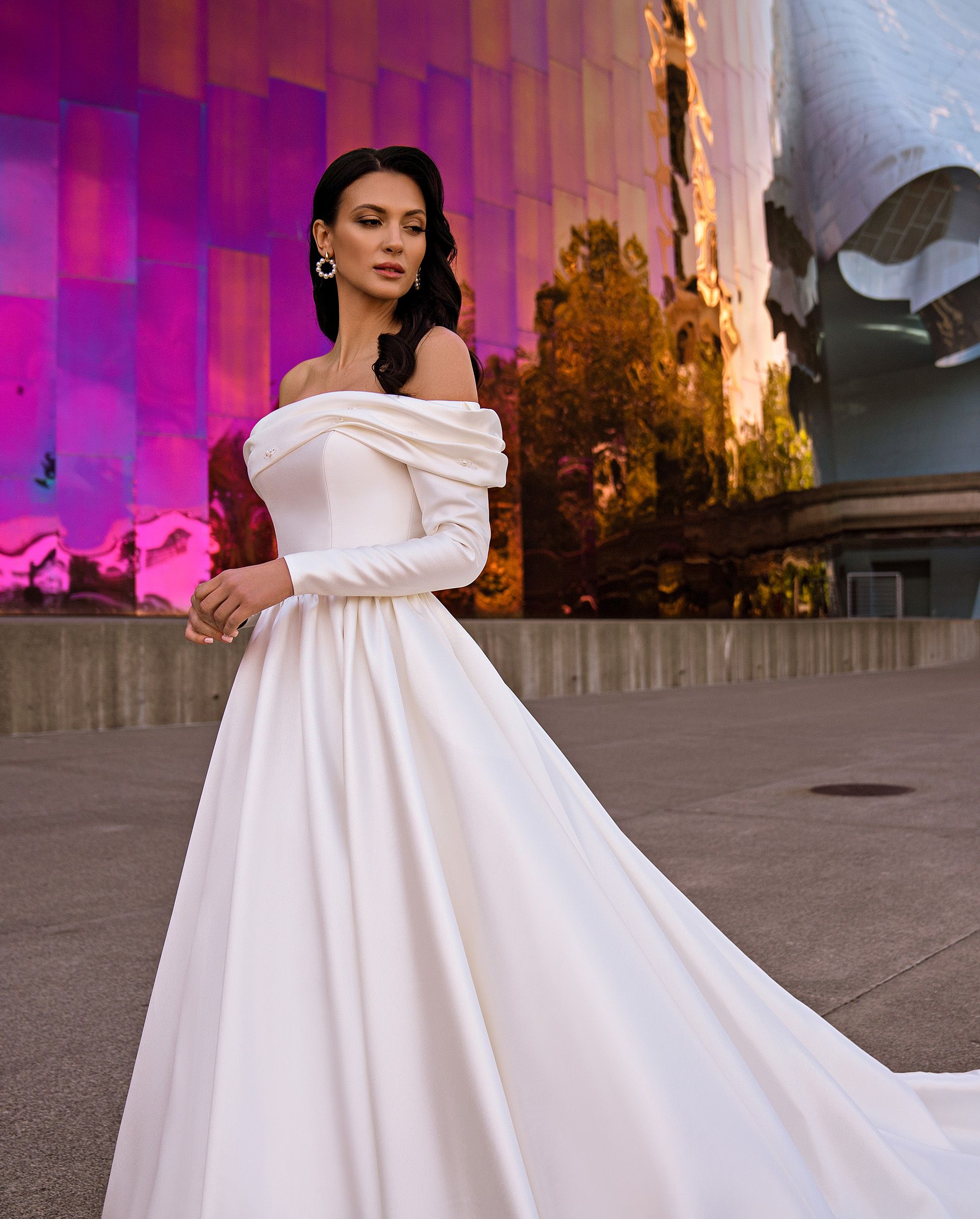 Modern Satin Wedding Dress Off Shoulder A Line Long Sleeve Elegant Bride Dress Brides Bridal Gown Customized