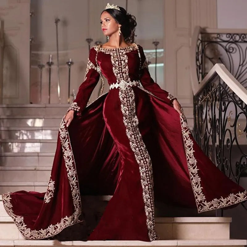 Caftan 2-Piece Mermaid Evening Dress Velvet Algerian Special occasion Dresses Lace Appliques Evening Party Gowns