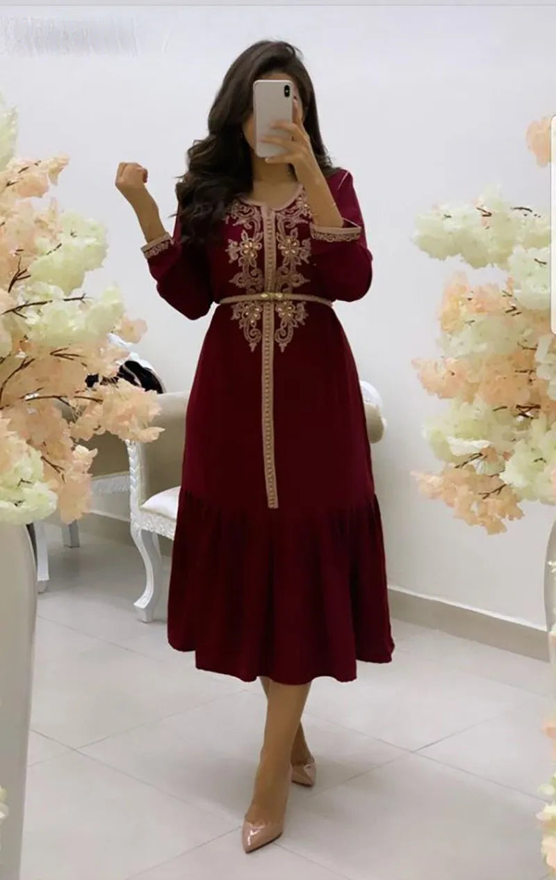 Long Sleeve Moroccan Kaftan Formal Evening Dress Prom New Arrival O-Neck A-Line Gold Lace Evening Gown فساتين السهرة