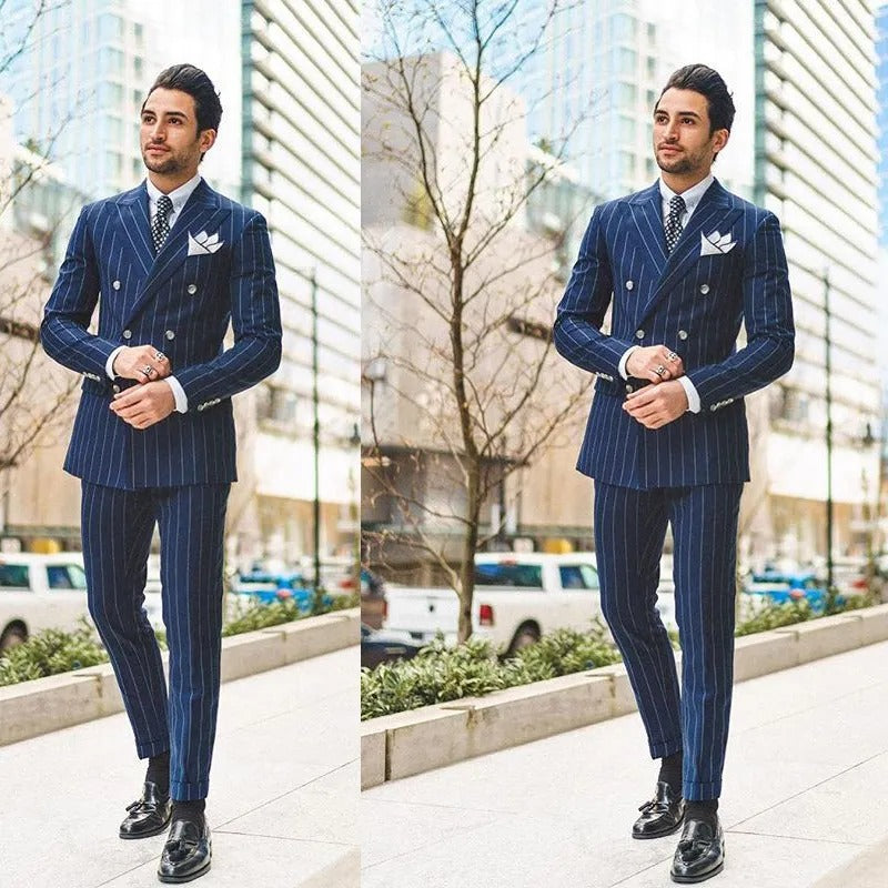 Navy Blue Striped Suits For Men Slim Fit Double Breasted Groom Wedding Tuxedos Blazer Classic Business Casual Coat Pants 2Pcs