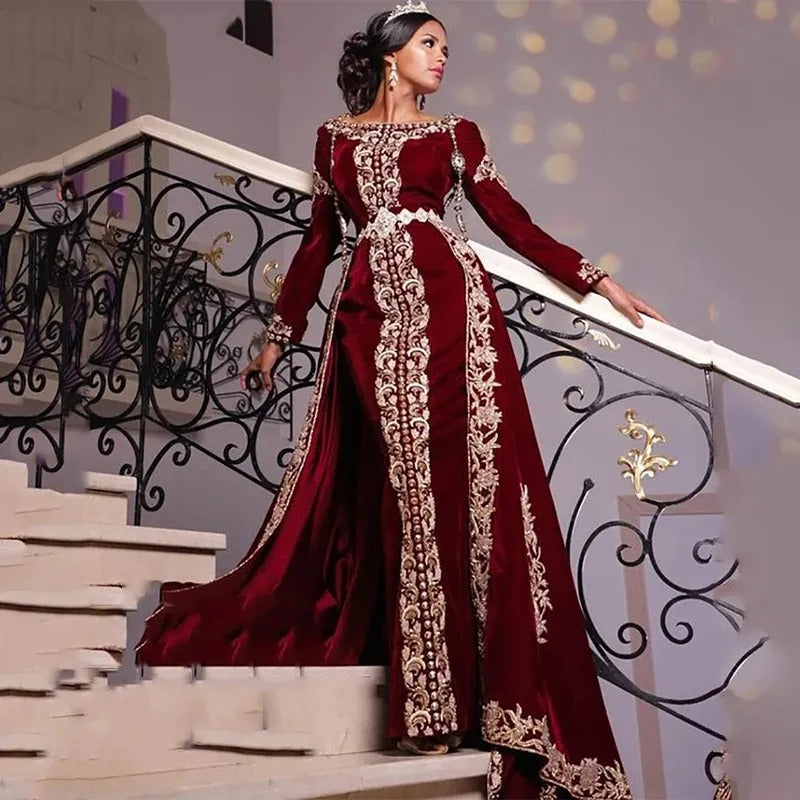 Caftan 2-Piece Mermaid Evening Dress Velvet Algerian Special occasion Dresses Lace Appliques Evening Party Gowns