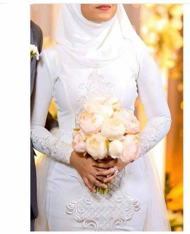 Elegant Hijab Muslim Wedding Dresses Lace Robe De Mariée Full Sleeves Mermaid Bride Dress Long Wedding Gowns with Train