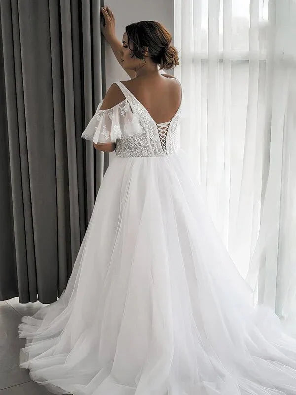 Plus Size Women Wedding Dress V-Neck Short Sleeves Custom Lace-Up Or Zipper Corset Lace Appliques New A-Line Tulle Bridal Gowns