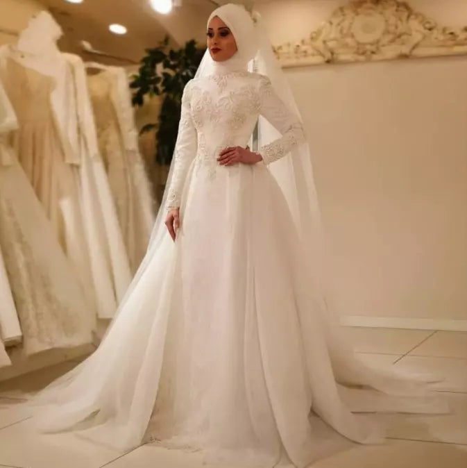 New Vestido De Noiva Elegant Long Sleeve O Neck Muslim Wedding Dresses Tulle Zipper Back Lace Islamic Wedding Gowns