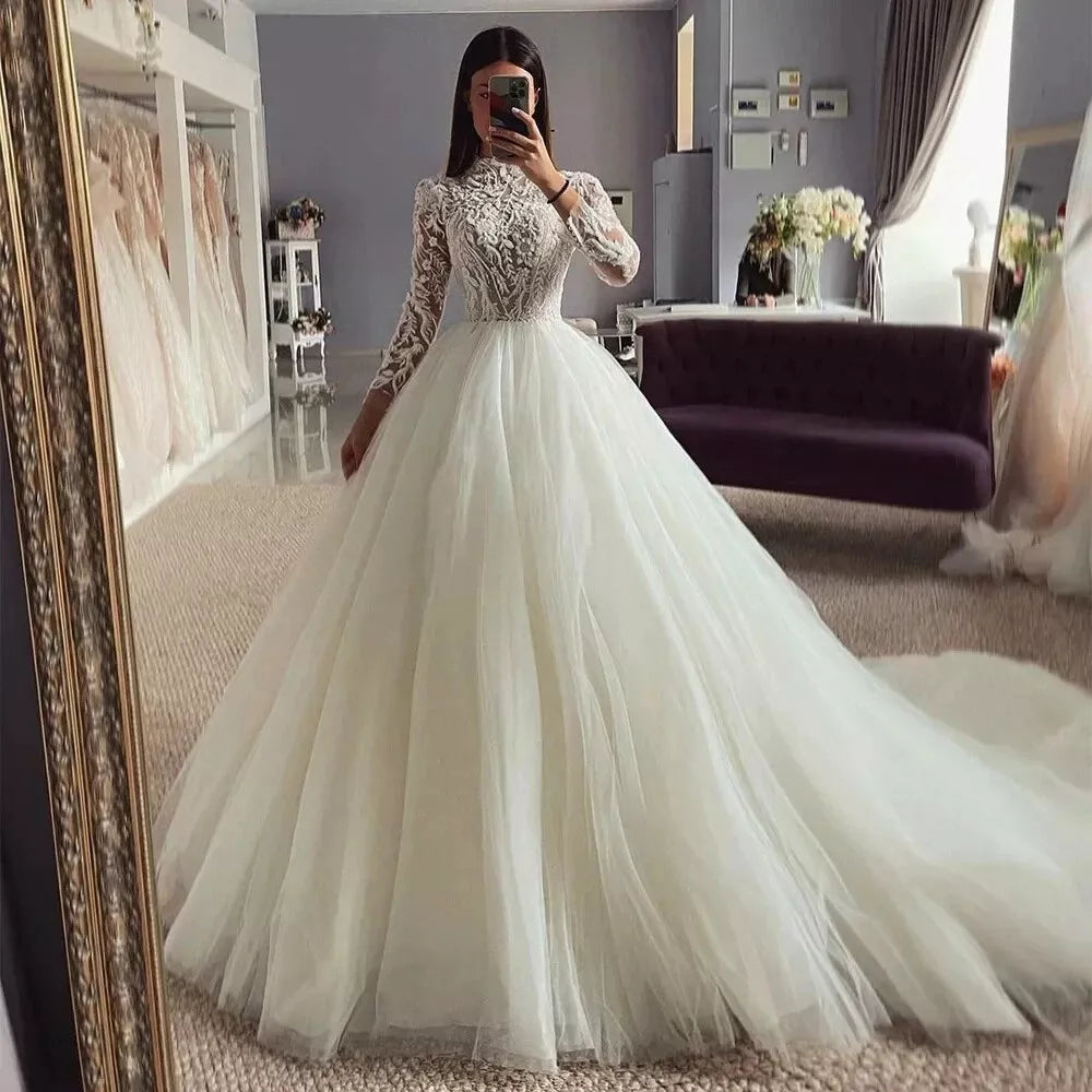 Beautiful Sexy High Collar Fluffy Mopping Lace Applique Fascinating Wedding Dresses Long Sleeve A-Line Romantic Bride Gown