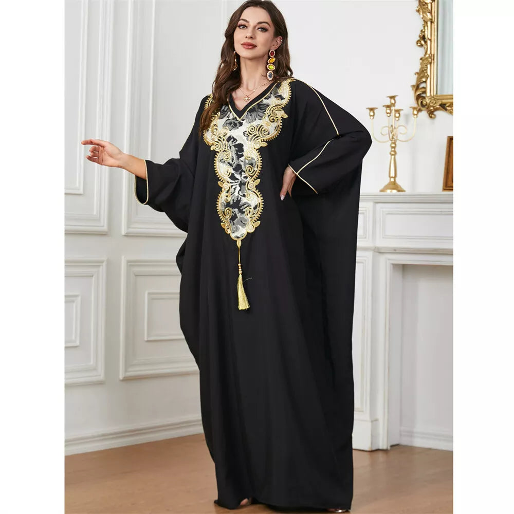 Dubai Turkish Casual Loose Solid Batwing Sleeve V Collar Floral Embroidery And Tassel Abaya Arab African Women Caftan