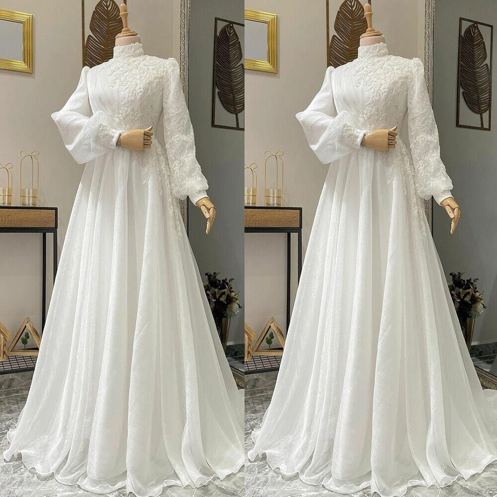 Robe De Mariée Ivory Long Sleeves Muslim Wedding Gowns A-line Applique Tulle High Neck Lace Bridal Dress For Elegant woman