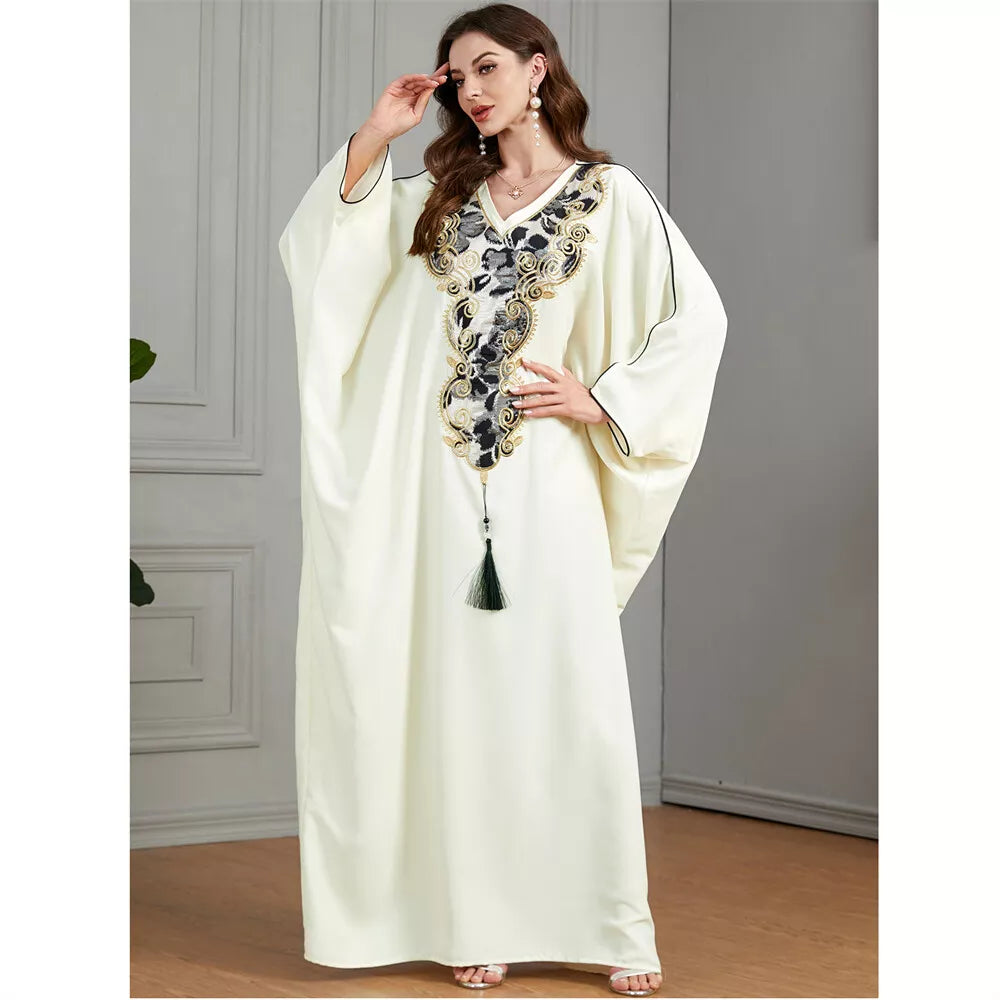 Dubai Turkish Casual Loose Solid Batwing Sleeve V Collar Floral Embroidery And Tassel Abaya Arab African Women Caftan