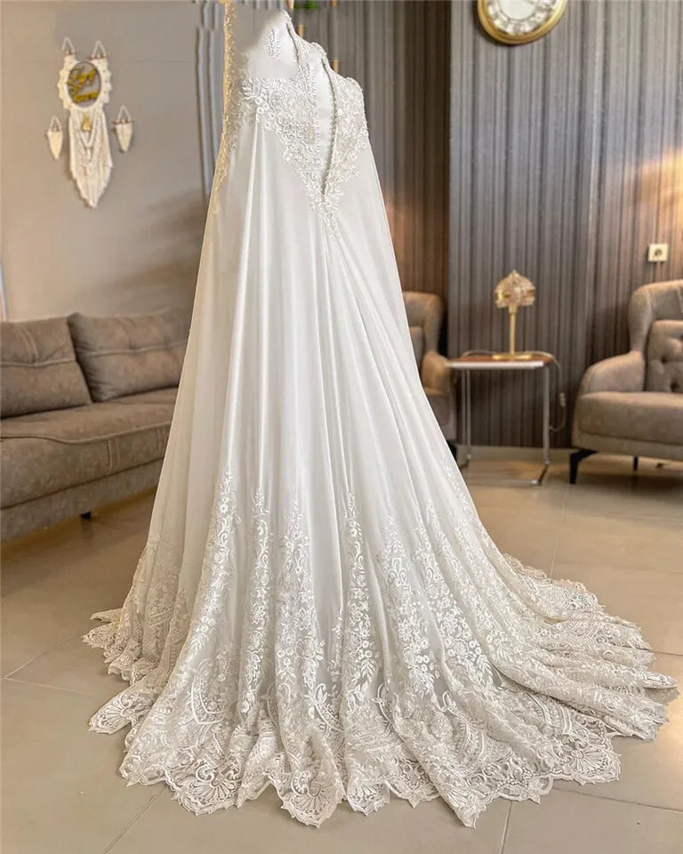 Chiffon Princess Muslims Wedding Dress for Wedding with Cape Lace Appliques Country Western Bridal Gowns Robe De Mariage